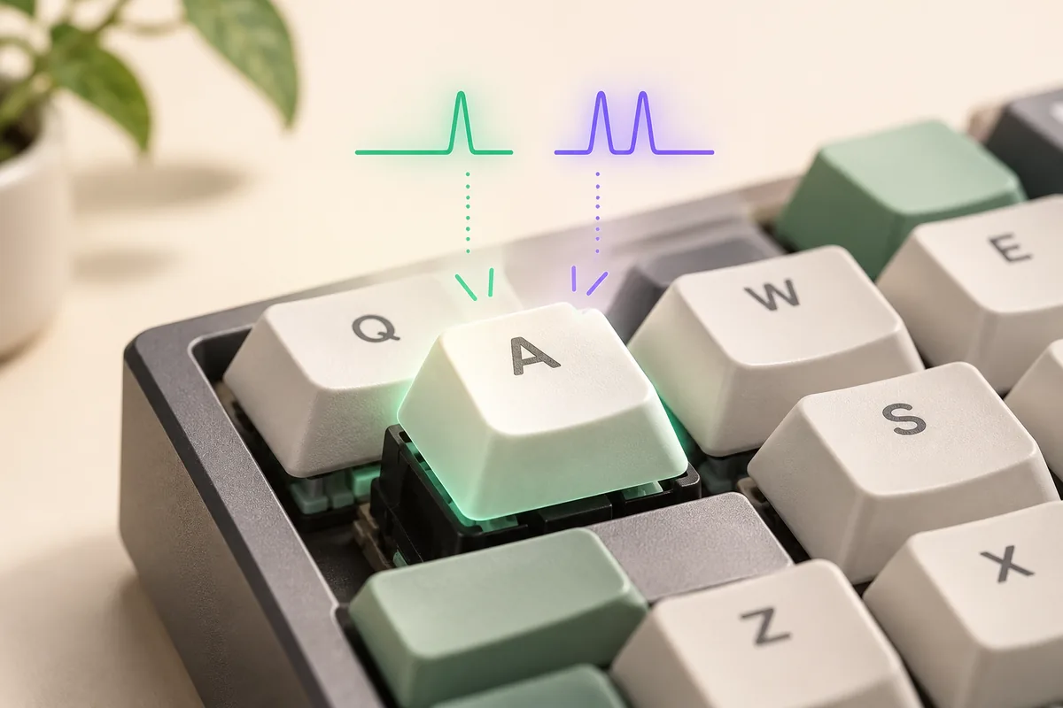 Mechanical keyboard key highlighted beside a single and rapid duplicate timing signal